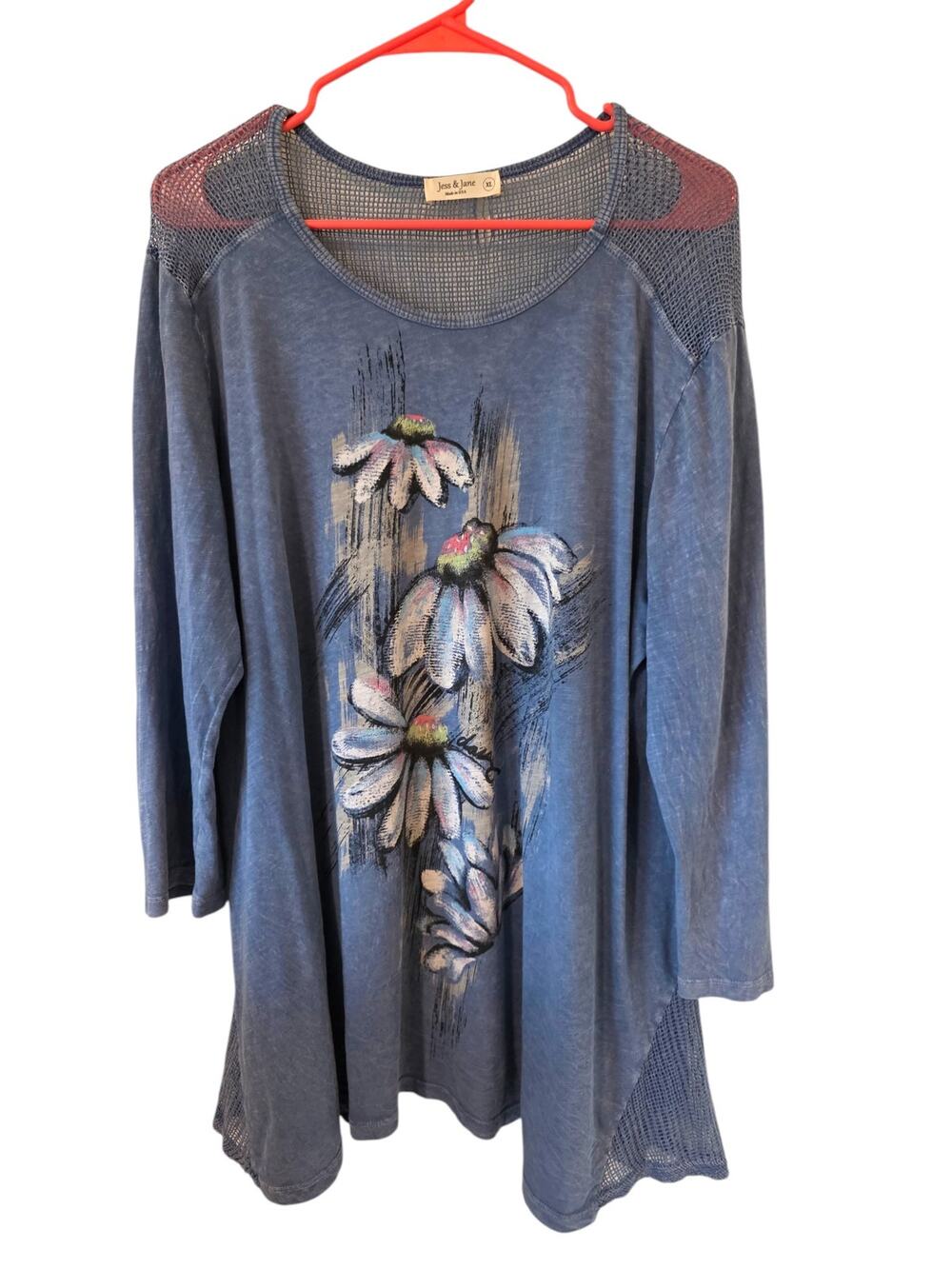 Jess & Jane Womens Daisy Print Long Sleeve Tunic Top Size XL Blue READ
